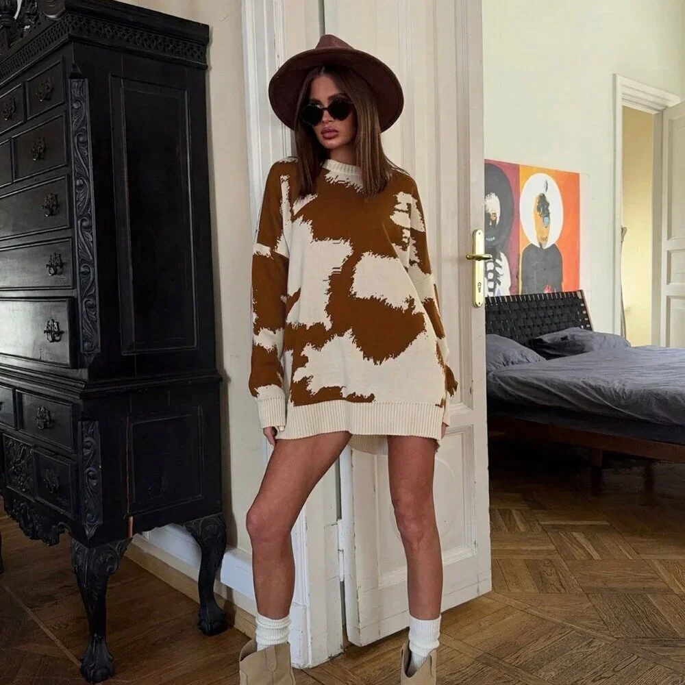 Multicolor Casual Women's Cow Print Western Cowboy Round Neck sweater top
